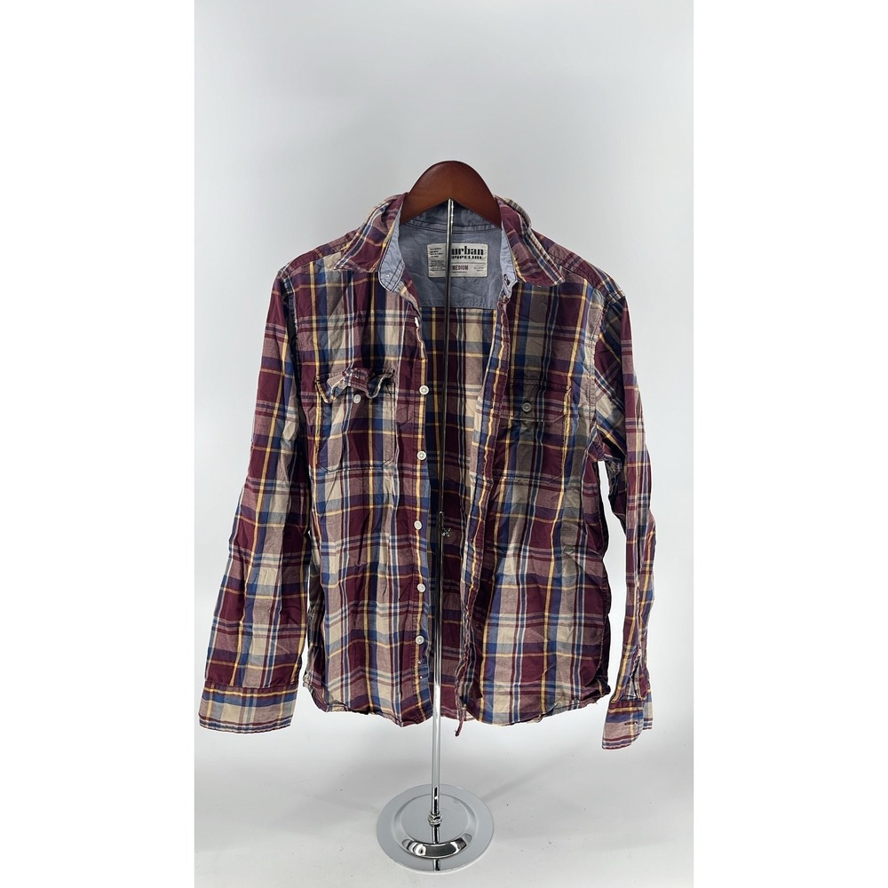 Urban Pipeline Mens Plaid Flannel Button Down Shirt Burgundy Navy‎ Yellow Medium